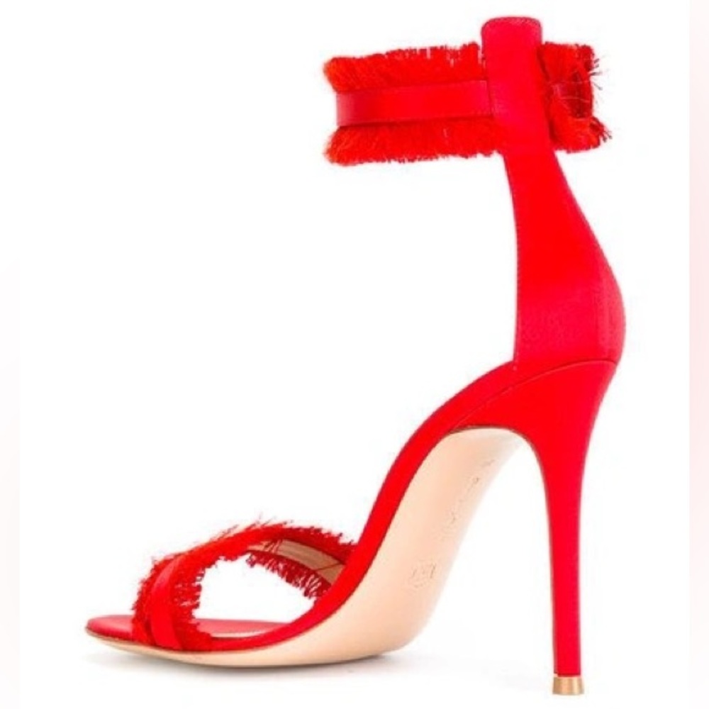 GIANVITO ROSSI Caribe 105 Red Satin Fringe Trim Accent Sandals Size 40.5 - Picture 7 of 16